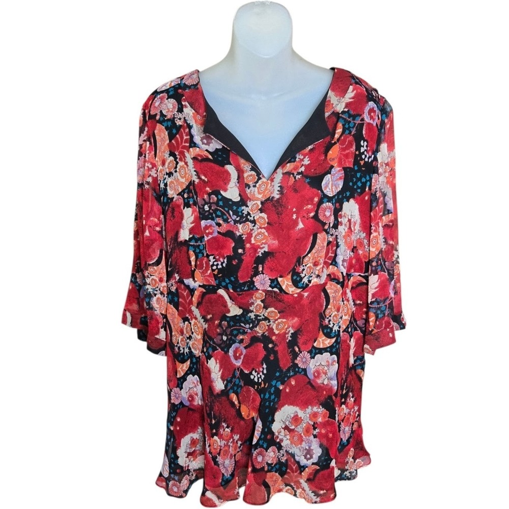 Avenue Womens Romantic Boho Silk Floral Tunic Top Size 14 16 Bell Sleeve Dainty - Picture 3 of 8